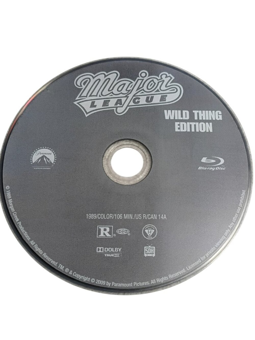 Paramount Major League Wild Thing Edition Blu-Ray Disc Only Gray Label 1989